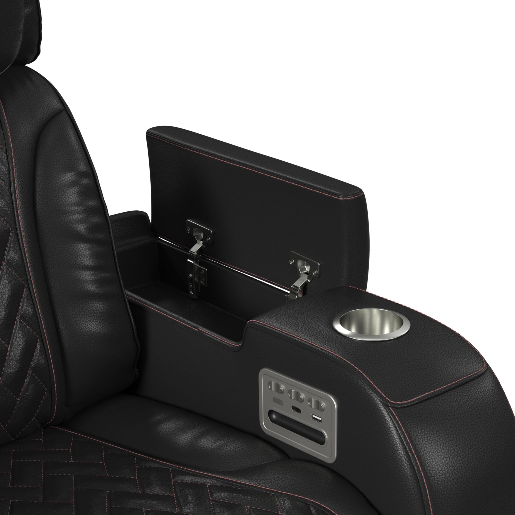 PrimeTimeP3LoveseatwLEDwirelessChargerPocketandConsoleinJettBlackwRedStitching_ArmDetails